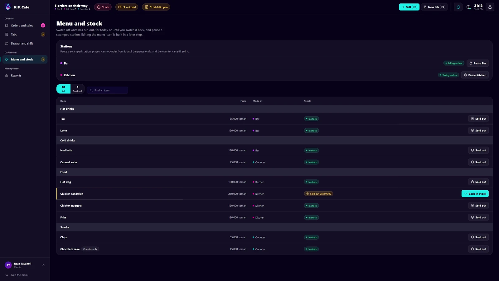 Rift Café inventory with ten menu items, prices and stock controls