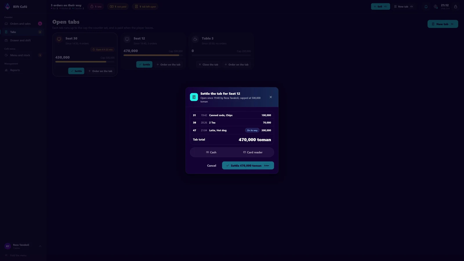 Rift Café open customer tabs with an itemized bill and payment options