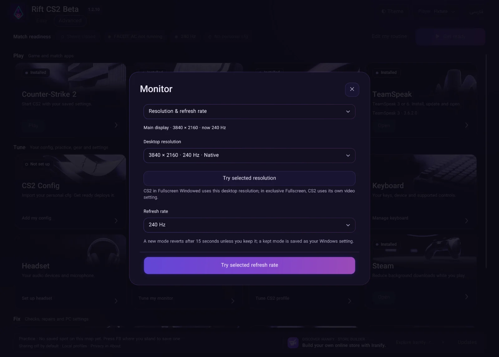 Rift CS2 Beta Monitor panel set to 3840 × 2160 at 240 Hz