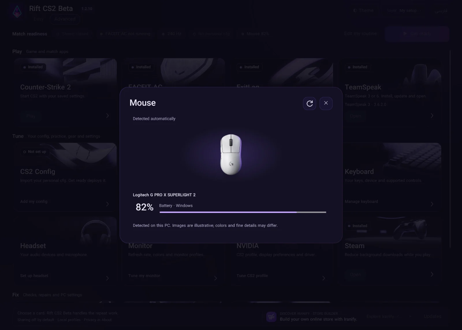 Rift CS2 Beta Mouse panel showing a detected Logitech G PRO X SUPERLIGHT 2 at 82% battery